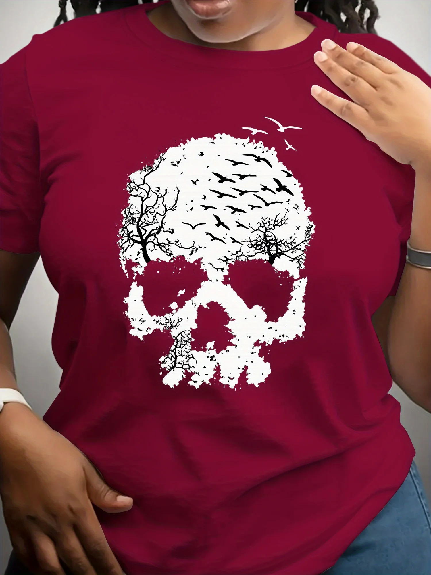 تي شيرت نسائي برسومات جمجمة الهالوين - قميص كاجوال أنيق برقبة دائرية وأكمام قصيرة، قميص بطبعة جمجمة |   قماش قابل للتمدد