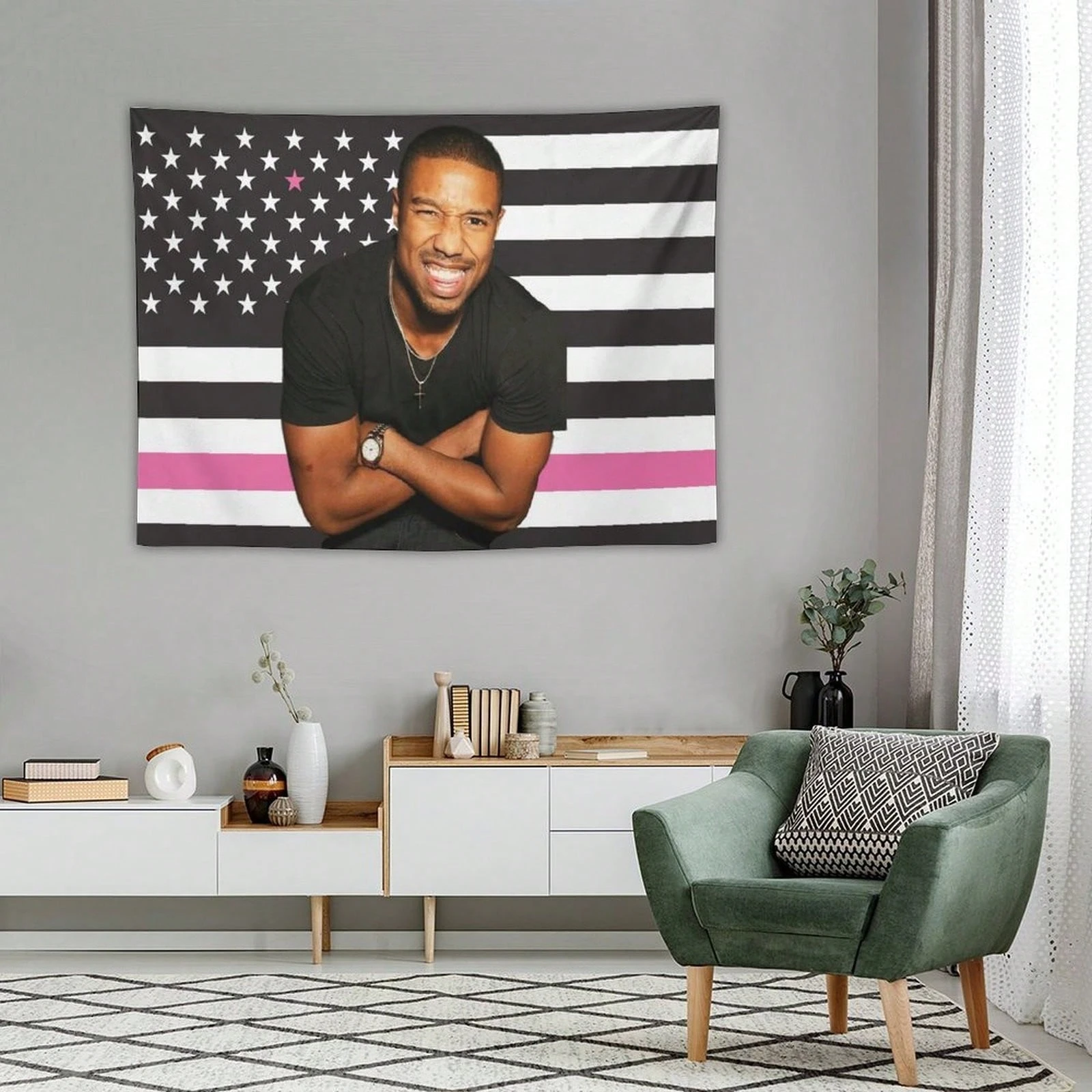 1pc Michael B. Jordan Black Pink American Flag Tapestry, Celebrity Fan Wall Hanging, Cool Room Stuff, Large Size, Polyester 2D P