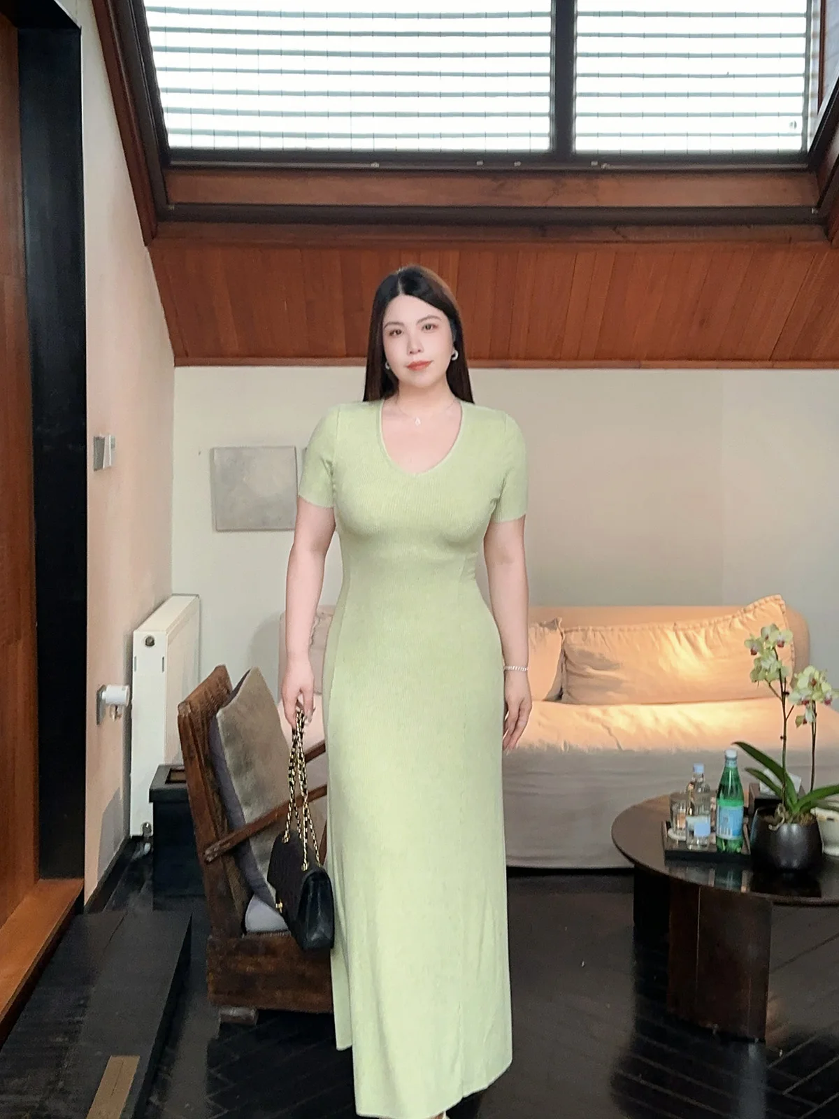 

plus Size Knitted Dress Slimming Waist U-Neck Short Sleeve Pure Color A-Line Skirt High Waist Commute Style Casual Wear Polye...