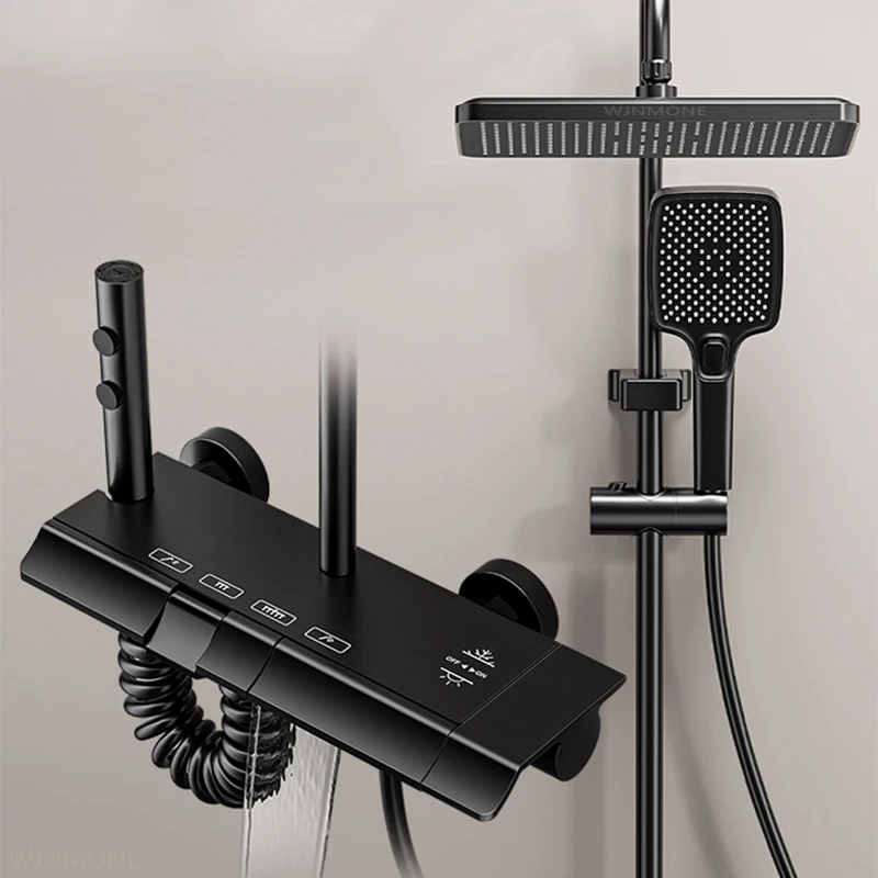 

Modern Black Bathroom Shower Faucet 4 Features Waterfall Shower System Wall-mounted Bathtub Hot and Cold Mixer Taps Shower Set