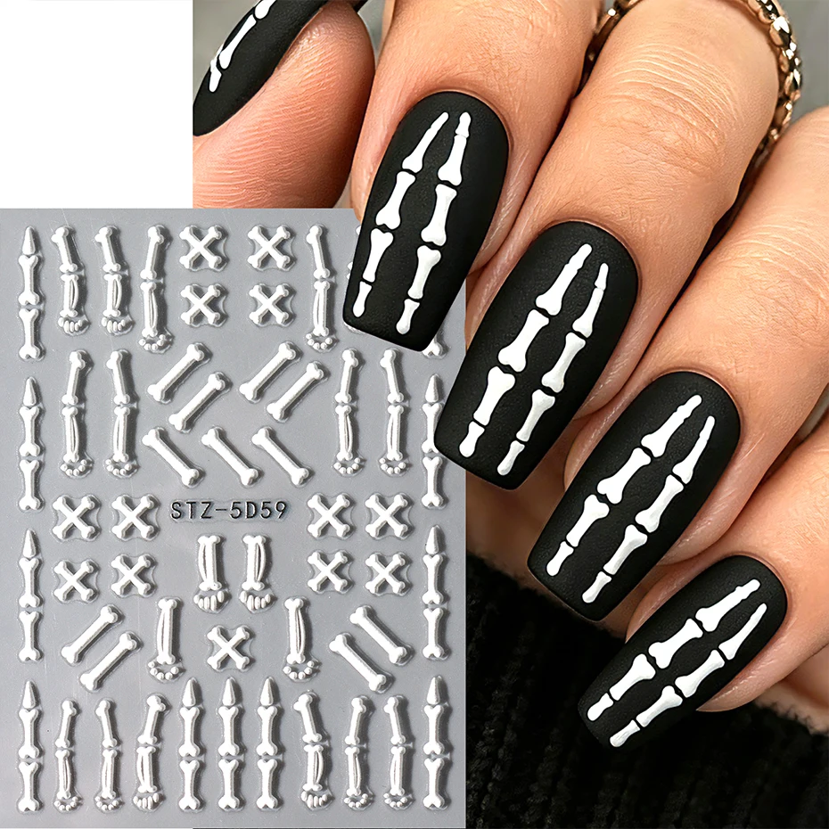 2pcs Embossed Halloween Bone Nail Stickers 3D Skeleton Crossbones Nail Art Decals White Decorations Gothic Design Nail Supplies