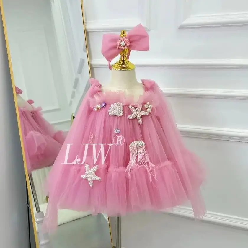 

Girls Lolita Princess Skirt 1-10 Y Mini Beading Pearls Tulle Sky Blue Baby Flower Girl Gown for Birthday Wedding Communion Party