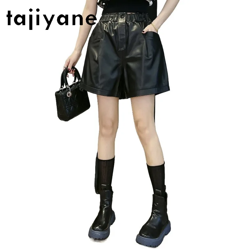 TAJIYANE Sheepskin Black Shorts Genuine Leather Short Women's Shorts Wide Leg Shorts for Woman Bootyshorts Elastic Waist Шорты