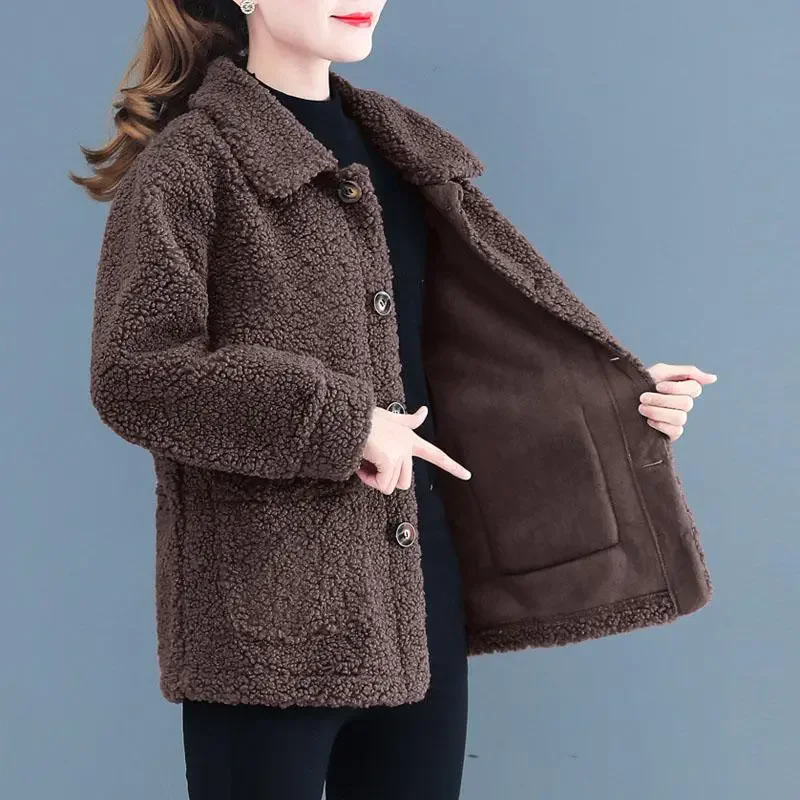 Fashion Faux Fur Cashmere Temperament Button Winter Women's Short Solid Color Loose Slim Lapel Pocket Casual Coat Women's