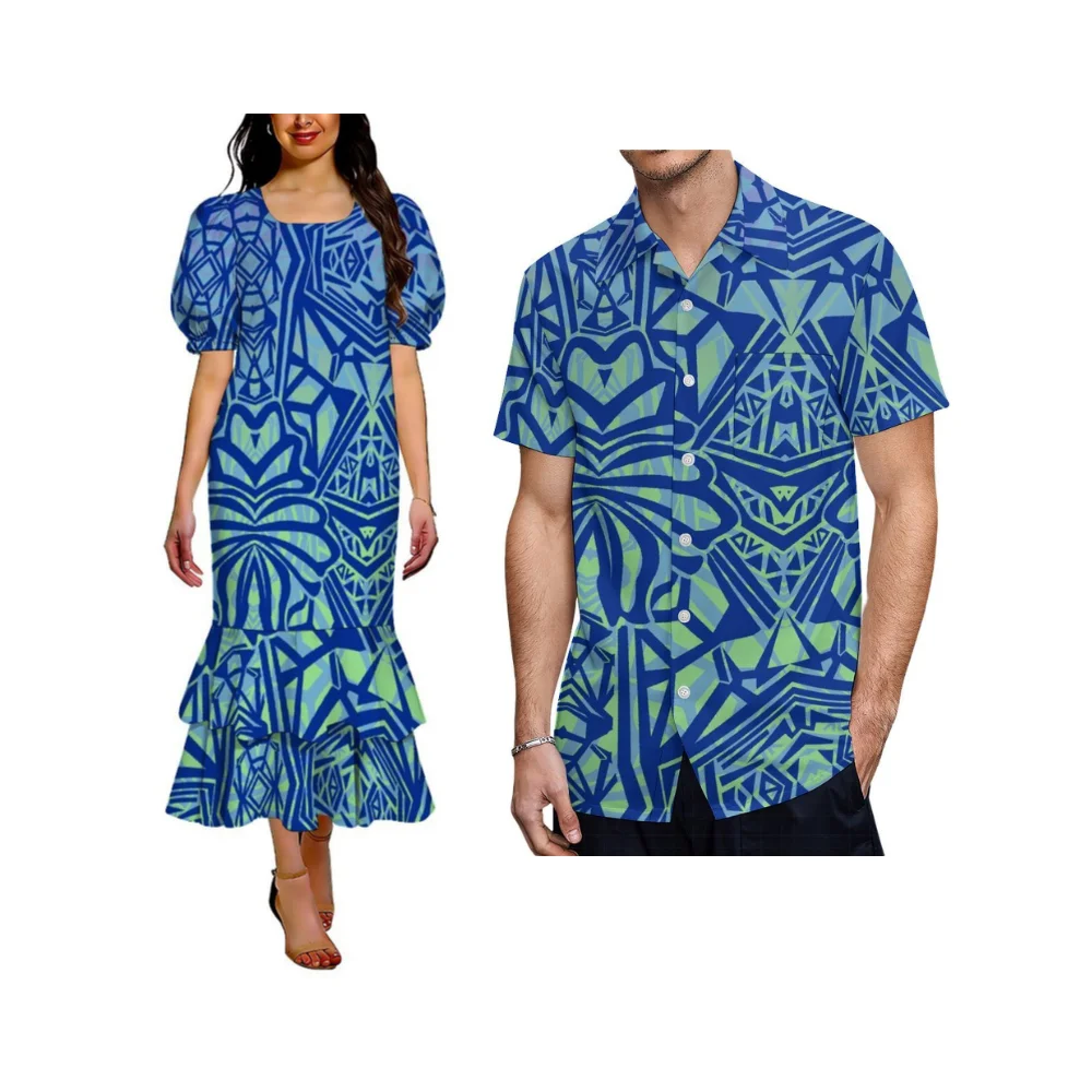 Polynesian Custom-Made Dress Pattern Summer Couple Dress For Women Mumu Puffed Sleeves Double Fishtail Skirt Long Dress