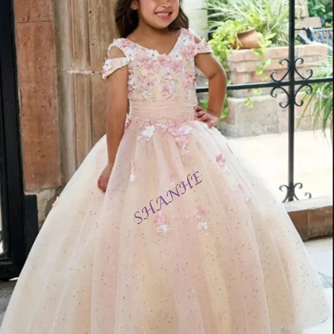 Customized Luxury Flower Girl Dresses For Wedding Floral Appliques Tulle Glitter Floor Length Quinceanera Birthday Banquet Gown