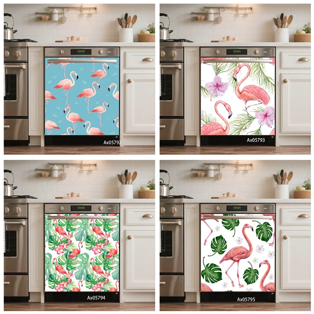 Tropical Watercolor Flamingo Monstera Dishwasher Sticker Self Adhesive Coastal Summer Vacation Cabinet Washer Decor Wallpaper