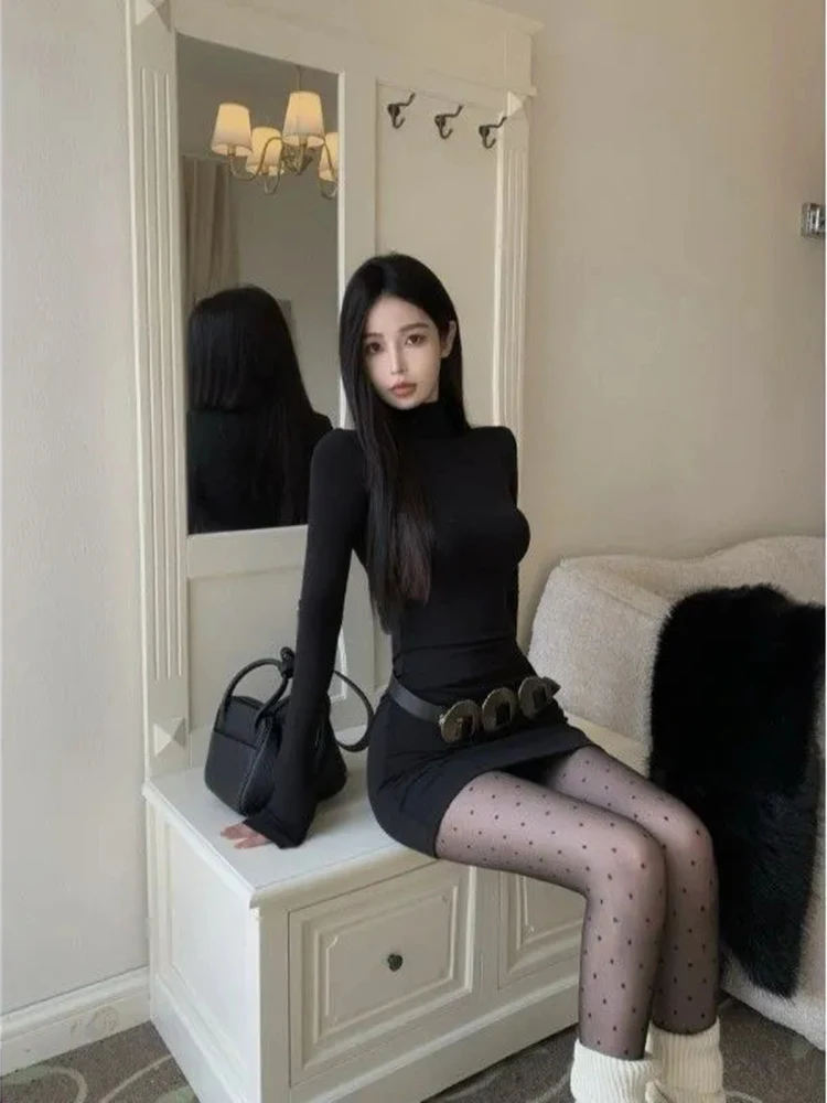 فستان أسود قصير بياقة مدورة للنساء للخريف مثير نحيف مع حزام وأكمام طويلة فستان قاعدة Y2K ملابس الشارع الشهير للحفلات الليلية #6