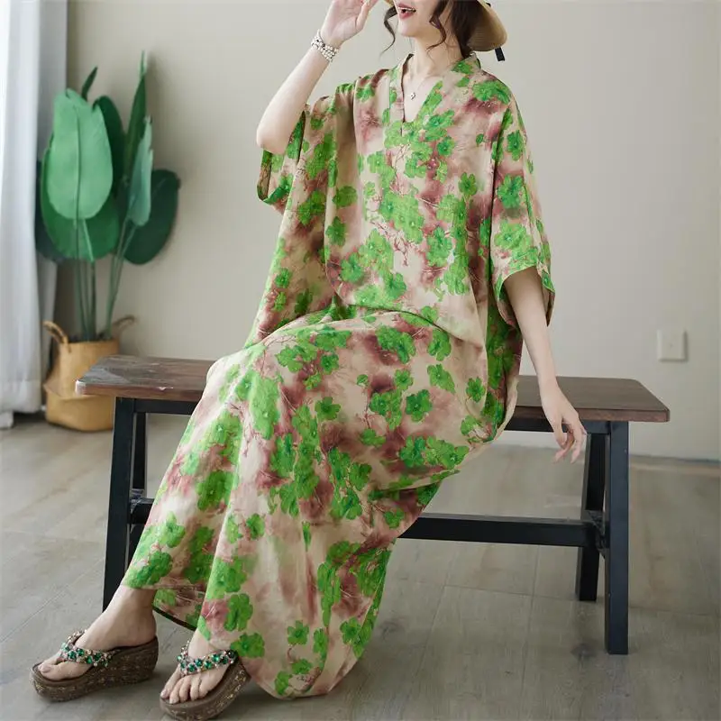 

Dimanaf 2024 Plus Size Dress Women Summer V-Neck Sundress Bohemian Floral Print Loose Big Oversize Maxi Dress 5009