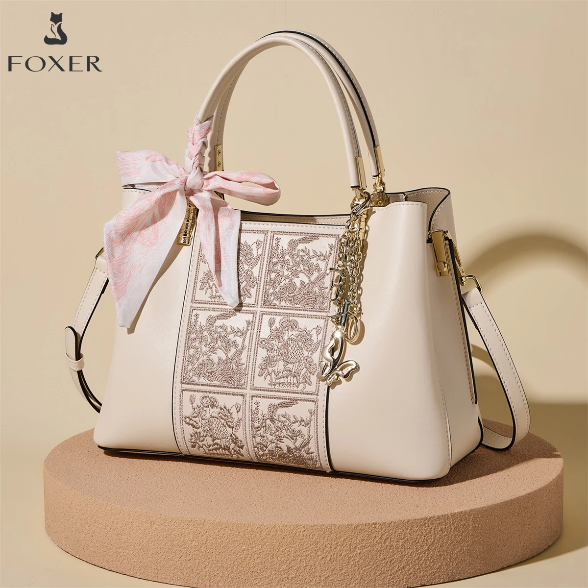 

Женская сумка через плечо FOXER из спилковой кожи, новый дизайн, в китайском стиле, с вышивкой, элегантная сумка на плечо, подарок для мамы