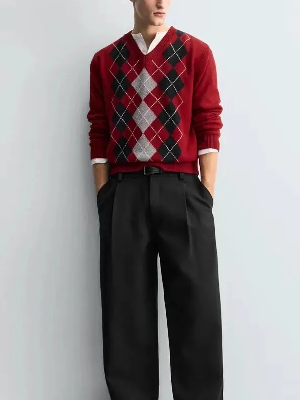 

Men's Casual Knitted Sweater Wool Blend Casual Faion Diamond Pattern Tassel V-Ne Long Sve Warm Breathable Comfortable