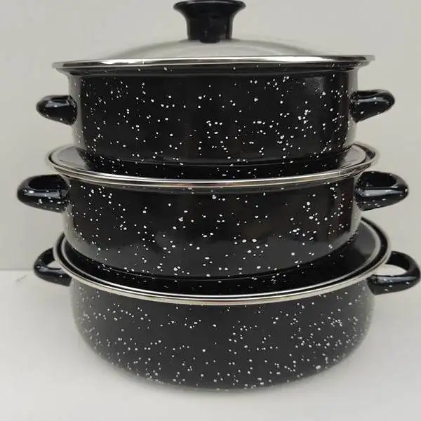 Vintage Household Enamel Soup Pot Double Handles Round Flat Bottom Cooking Pan With Transparent Glass Lid