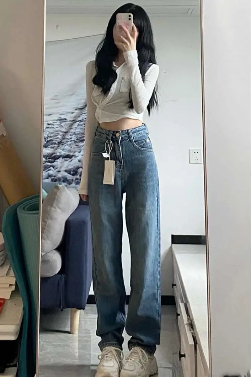Femme pantalon Baggy jean empilé à volants plissé drapé fendu fente asymétrique détail côté Patchwork couleur bloc épissage femme