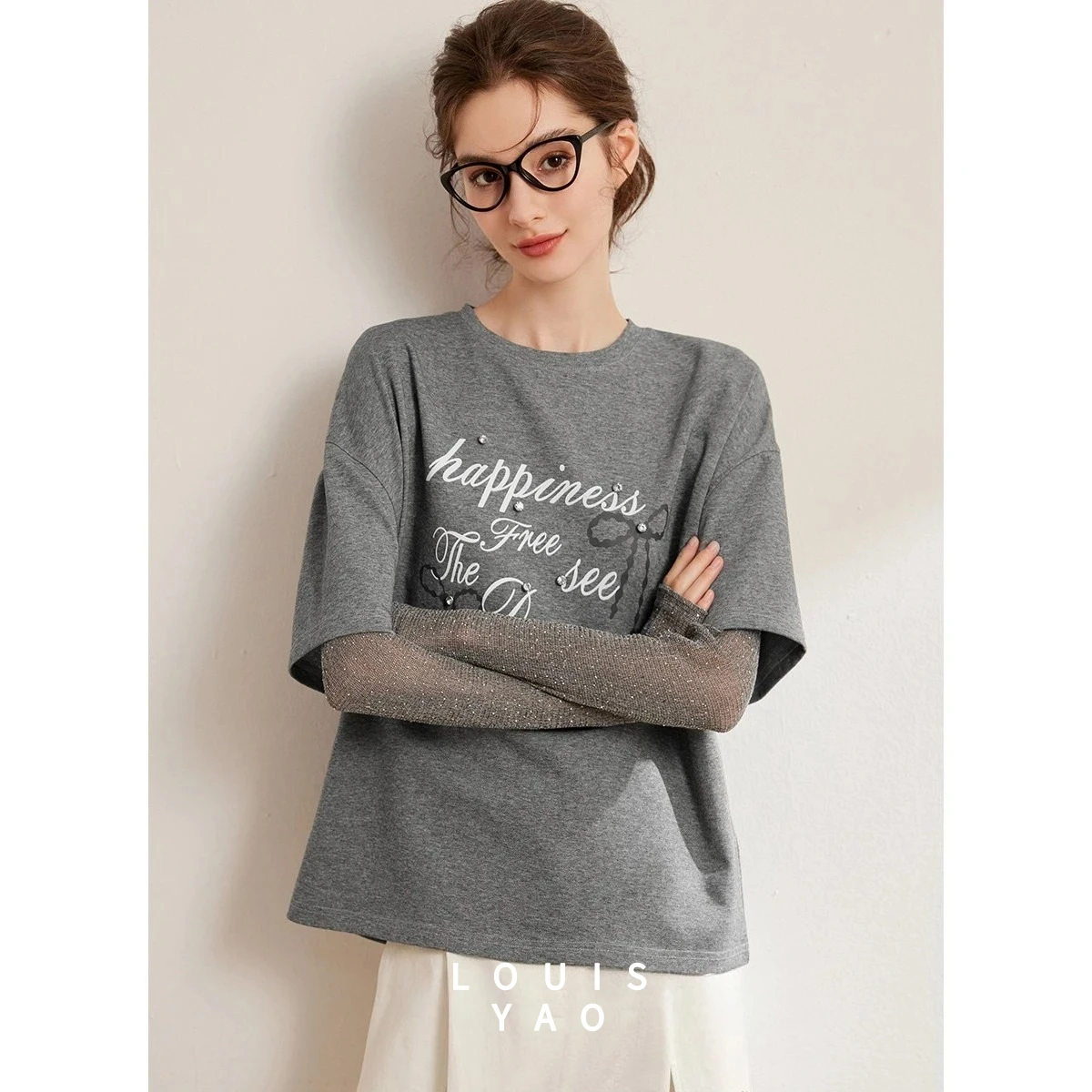 

LOUISYAO Fake Two Pieces Design Long Sleeves Tops 2025 Autumn Tees Casual Round Neck Printed Micro Elastic Loose Women's T-shirt