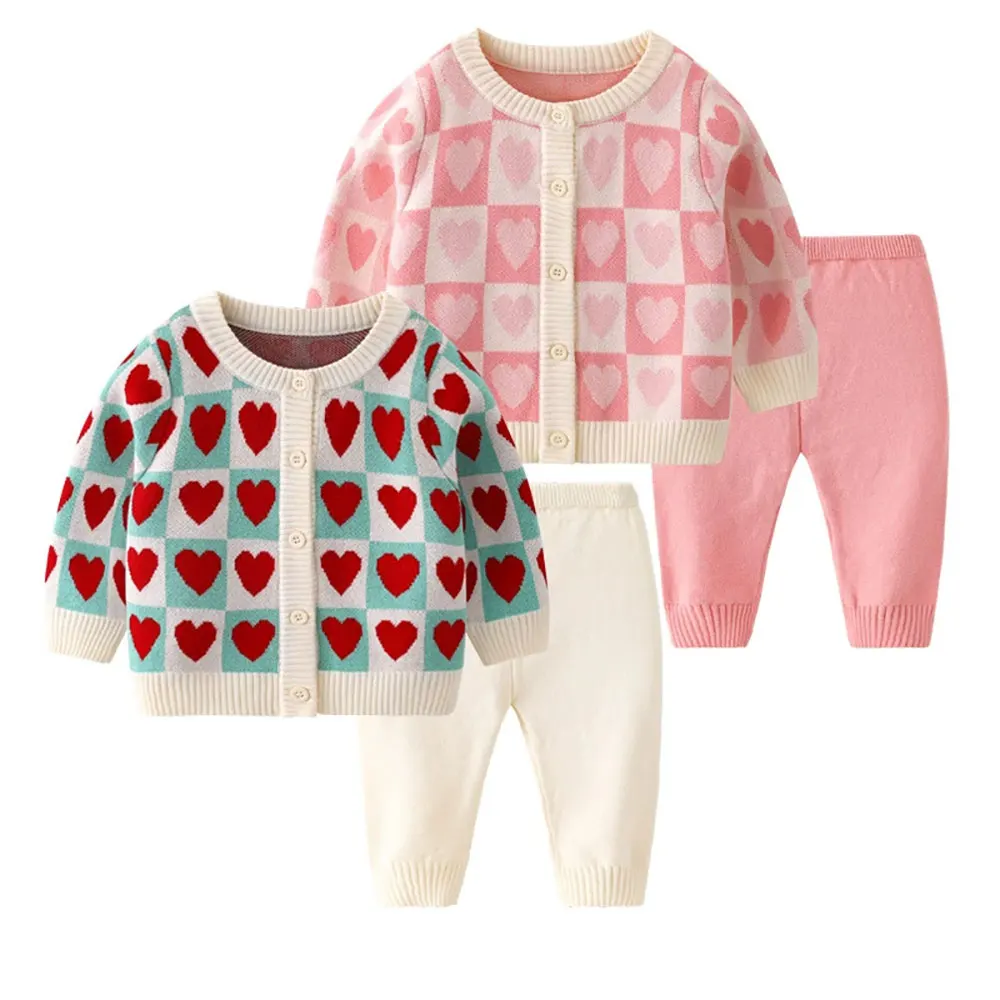 Spring fall baby Girls' Clothes Outfits Sets Flat Needle Knitted Cardigan Sweater+Pants suit for infant Girl Clothing Check sets