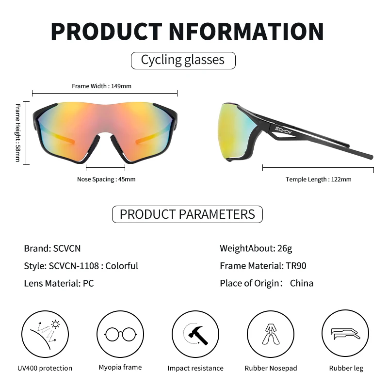 SCVCN New Cycling Glasses Men Women UV400 Sport Runing Bike Riding Sunglasses Mtb Bicycle Eyewear Fishing Hiking Drving Goggles