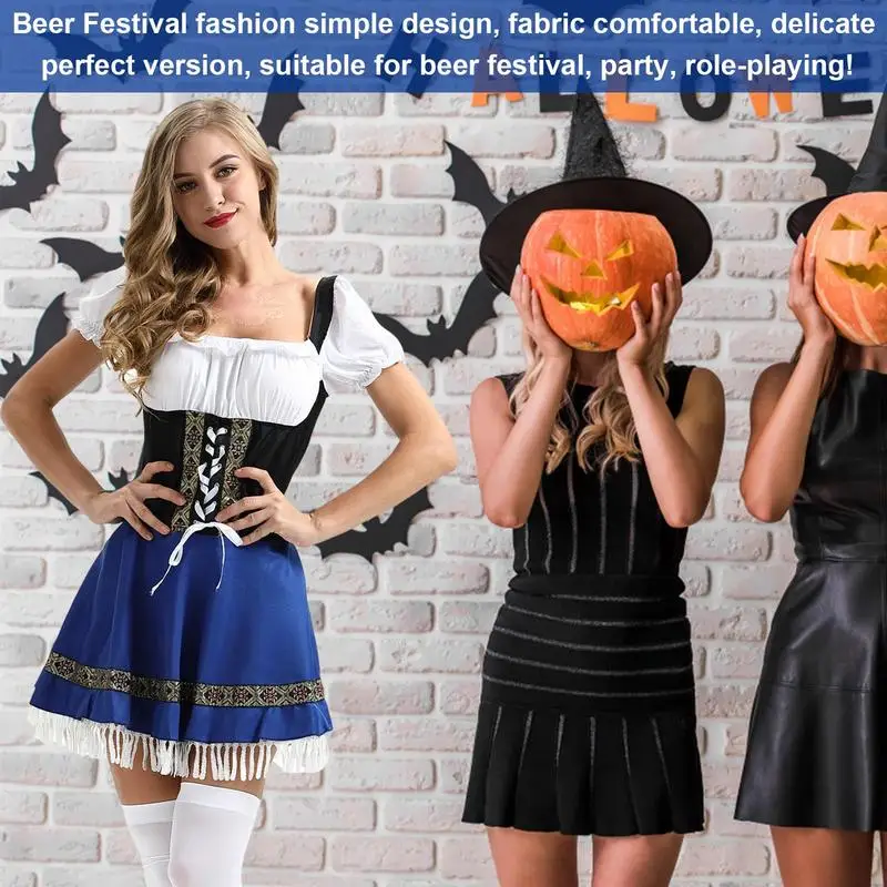 Stroje na Oktoberfest kobiety niebieskie sukienki Bavarian Dirndl strój kobiety element ubioru niemieckie sukienki kostiumowe na na imprezę Cosplay Halloween