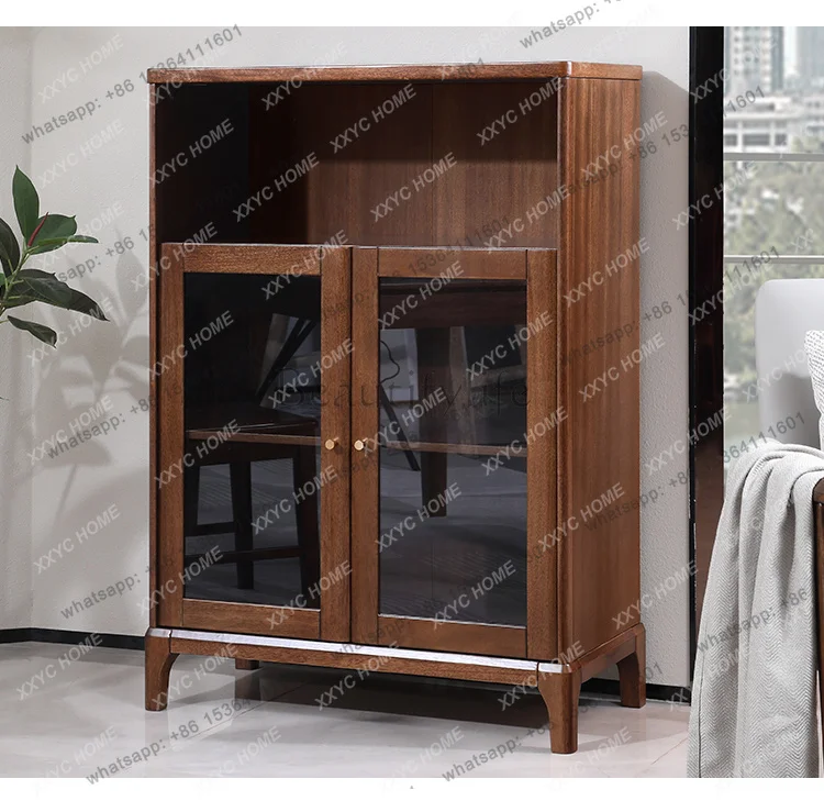 All solid wood household glass door living room wall storage low cabinet walnut TV cabinet