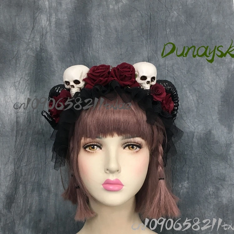 Skeleton Dark Gothic Sheep Horn อะนิเมะคอสเพลย์เครื่องแต่งกายประสบการณ์ฮาโลวีนแปลกยุ้ย jirai kei สยองขวัญฮาโลวีน cos