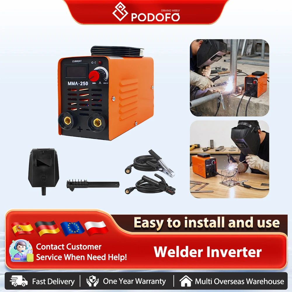 Podofo Portable Welding Machine Inverter Arc Electric Welder 250 Amp Mini LED Display Digital Inverter IGBT Welding Machine Compact Lightweight Stick Welder for Car Repair
