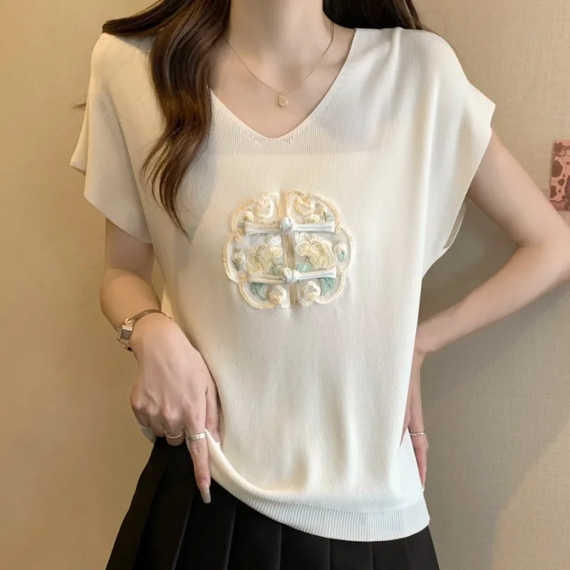 Women Vintage Chinese Style Embroidery Elegant Thin Ice Silk Knitted T Shirt Female Summer V Neck Solid Short Sleeve Loose Tops