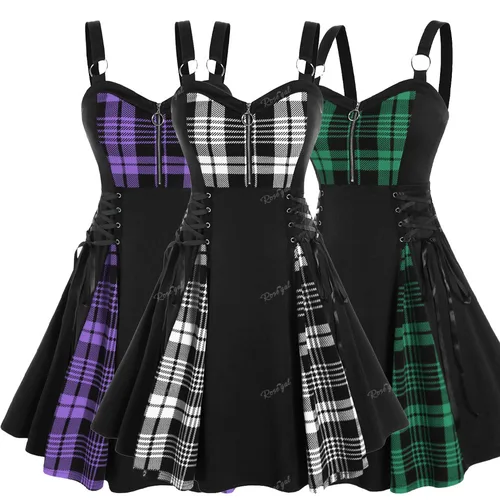 Vestido gótico ROSEGAL de talla grande con cordones y vuelo, vestido informal de retales con media cremallera y estampado de bloques de colores a cuadros para mujer