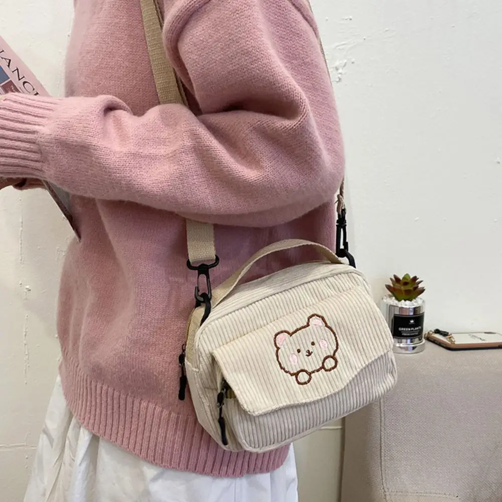 Fashion Women Corduroy Cartoon Bear Print Shoulder Bags Student Tote Messenger Bag Satchel Travel Handbags