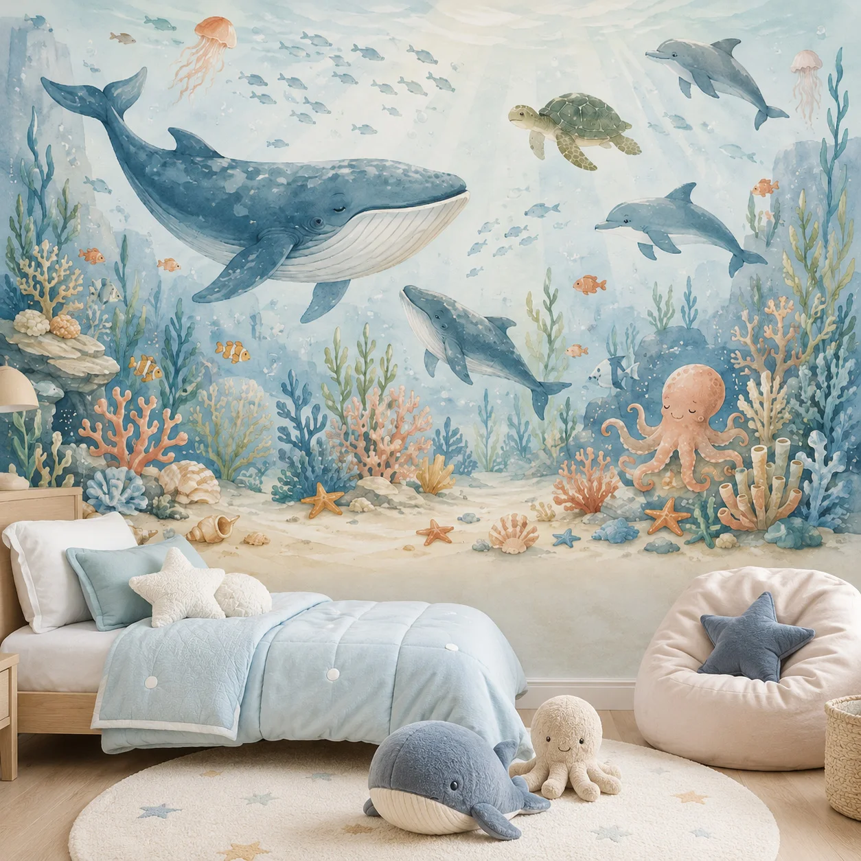 Kids Ocean Wallpaper Mural Whale Dolphin Turtle Underwater Sea Animals Wall Decor Nursery Bedroom Non Self Adhesive