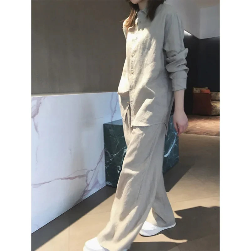 Linen Long Sleeve Shirt Pants Suit 100% Cotton Women's Set Wide Leg Pant Tracksuit Two Piece Set Loose Trousers Outfits Size XXL