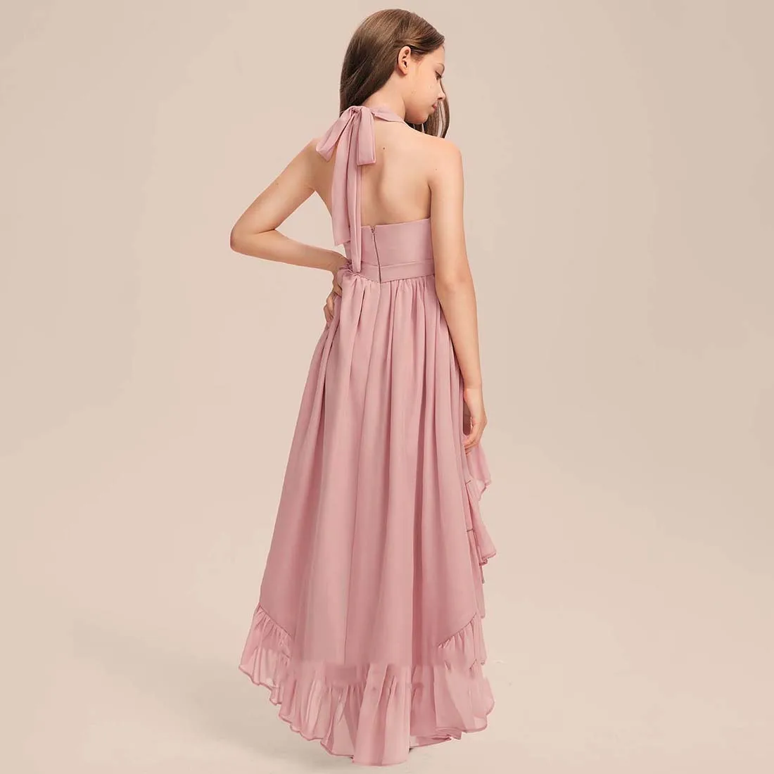 Robe de demoiselle d'honneur junior en mousseline de soie avec volants en cascade de fleurs, A-Line Halter, Salls 2-15T