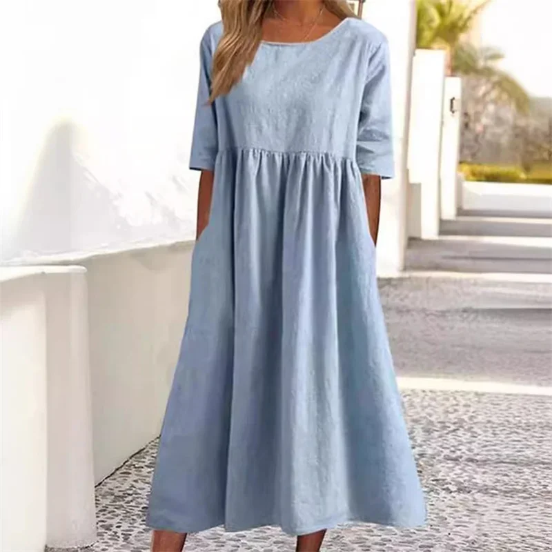 Summer Cotton Linen Double Pockets Dresses Women Casual Loose Splicing Pleated Hem Dress Female Solid Color O Neck Pullover Gown