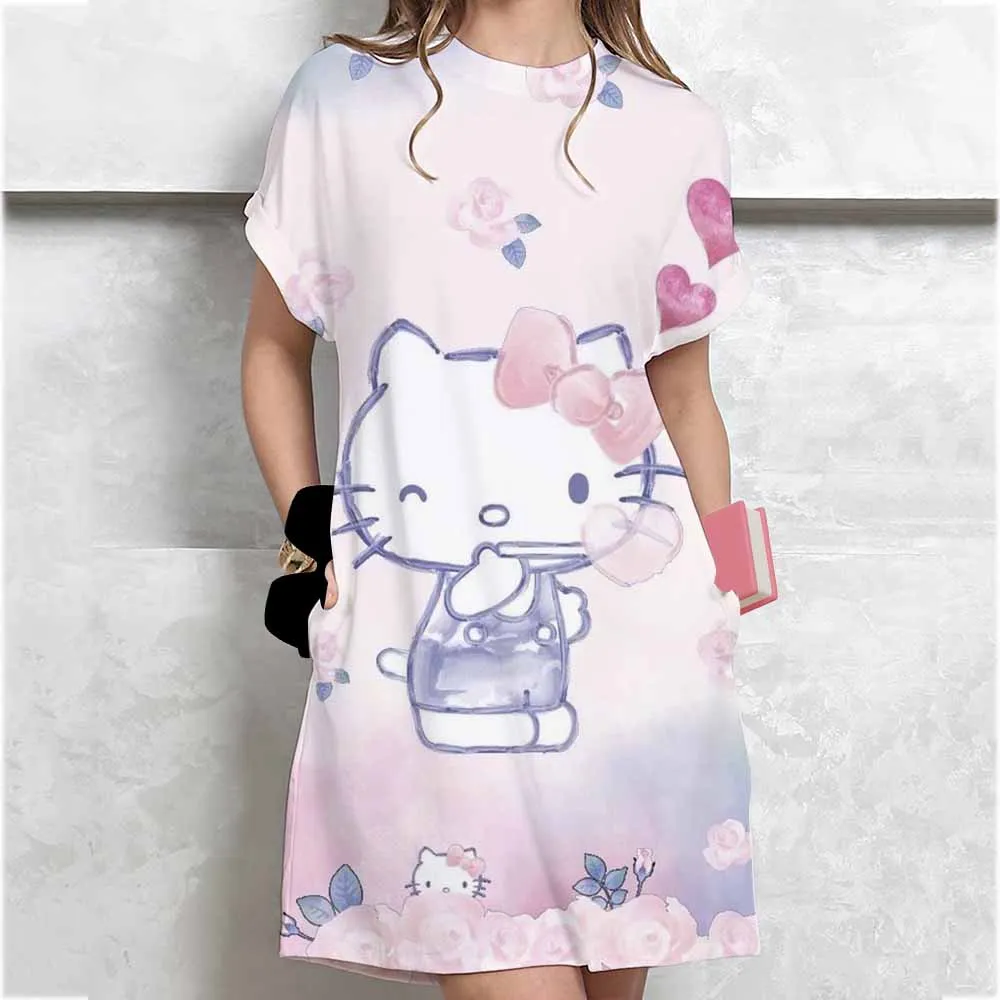 فستان نسائي صيفي تي شيرت كاجوال برقبة دائرية وأكمام قصيرة مطبوع عليه مرحبا كيتي فساتين صغيرة كورية ضيقة