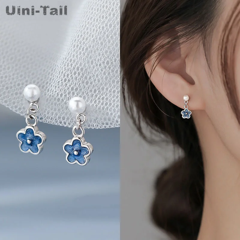 Uini-Tail Hot Selling New 925 Tibetan Silver Blue Flower Pearl Stud Earrings Simple Fashion Sweet Trend Exquisite High Quality