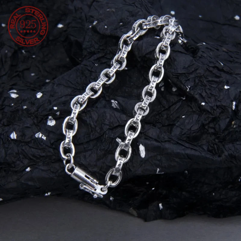 100% S925 스털링 실버 남녀공용 6 자 만트라 팔찌, 레트로 트렌드 펑크 쥬얼리 선물, 신제품 