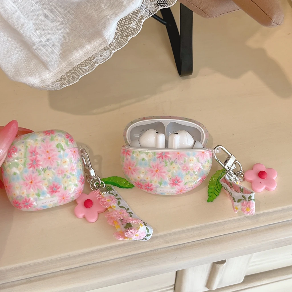 Spring Pink Oil Painting Flower Pattern With Pendant Earphone Cover Case for Huawei FreeBuds 6i SE3 SE2 FreeClip 2