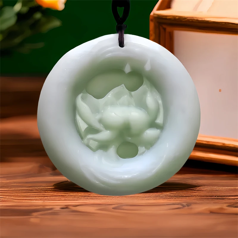 

Natural Real Jade Lotus Pendant Necklace Luxury Chinese Vintage Carved Jewelry Designer Accessories Gemstones