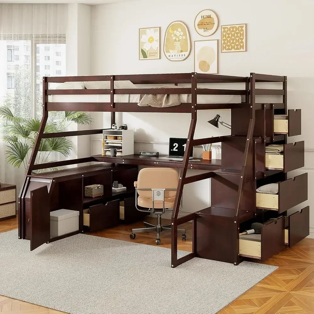 Multifunctional Full Size Loft Bed with 7 Drawers, 2 Shelves, Desk, and Storage Stairs for Kids, Teens, and Adults