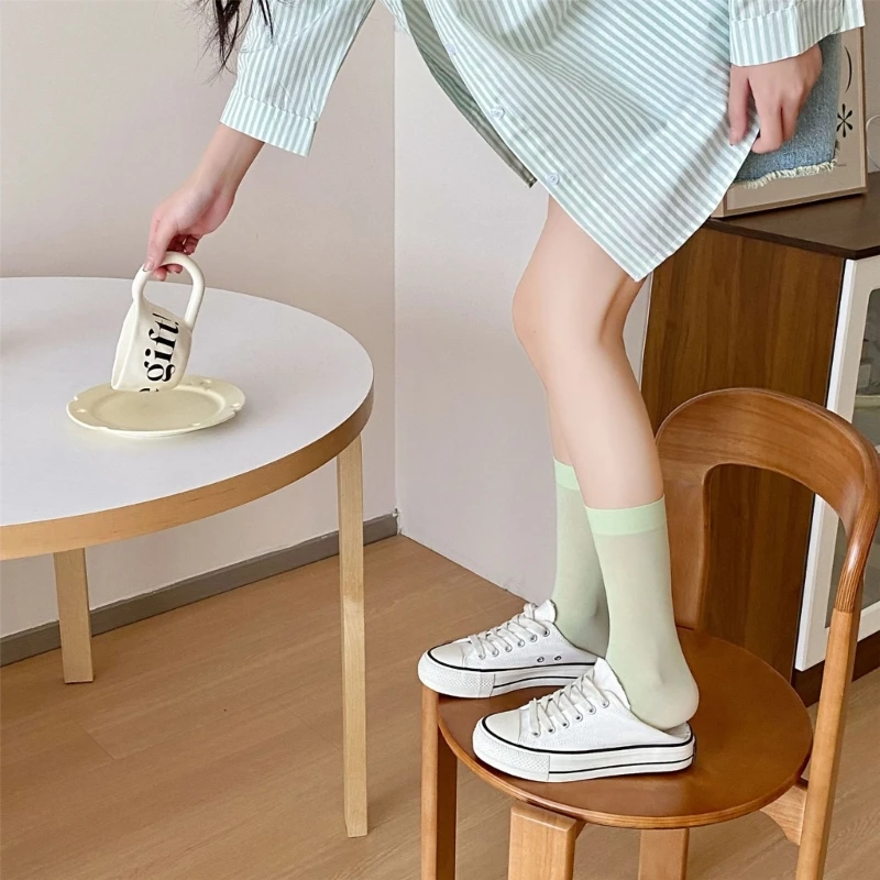 

Fashion Summer Breathable Thin Ice Silk Calf Socks for Women Girls Sweet JK Solid Candy Color Student Middle Tube Socks