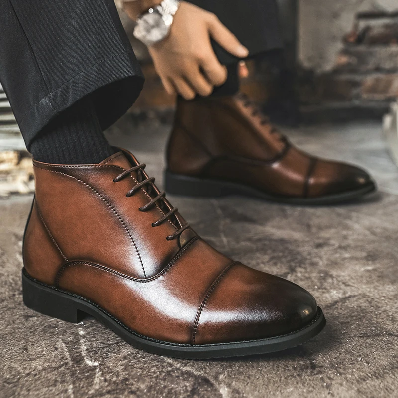 2026 Men's Vintage High Top Leather Ankle Boots Lace Up Work Dress Shoes Single Lined & Fleece Lined Optional Big Size 38-46