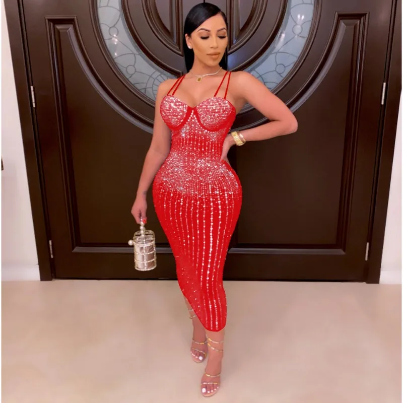 Sexy ver através de strass vestido feminino noite boate festa cinta espaguete sem alças brilhante bodycon midi vestidos aniversário