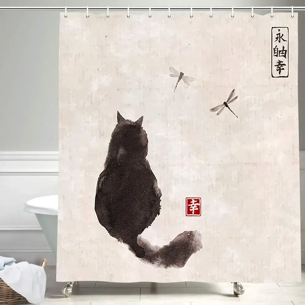 Asian Style Traditional Japanese Ink Painting Shower Curtain,Black Cat Watching Dragonflies on Vintage Fabric Bathroom Curtains