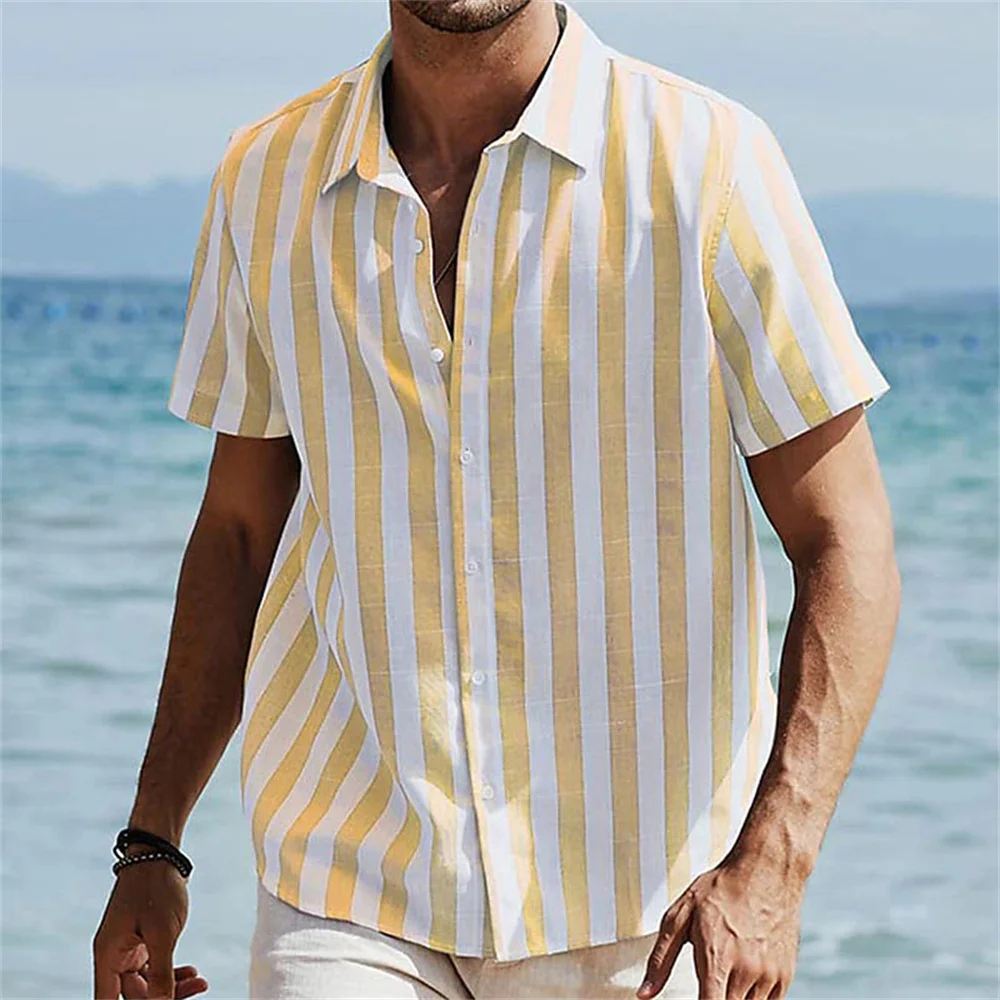 

Men's solid color striped printed lapel button up shirt summer leisure vacation street fashion short sleeved clothing plus size