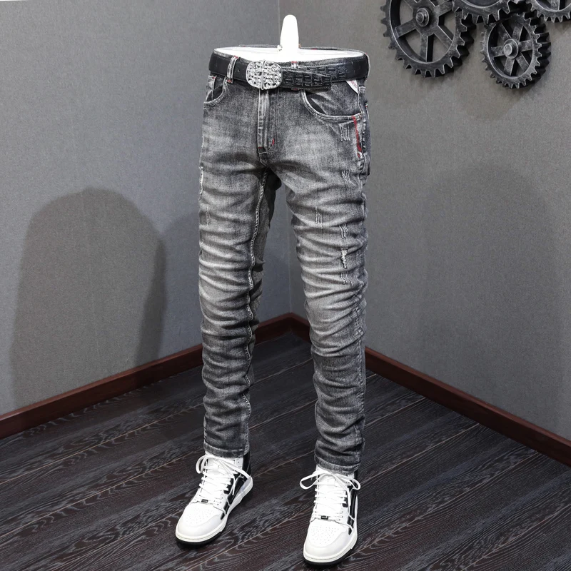 Fashion Designer Men Jeans High Quality Retro Black Gray Elastic Slim Fit Ripped Jeans Men Embroidery Vintage Denim Pants Hombre