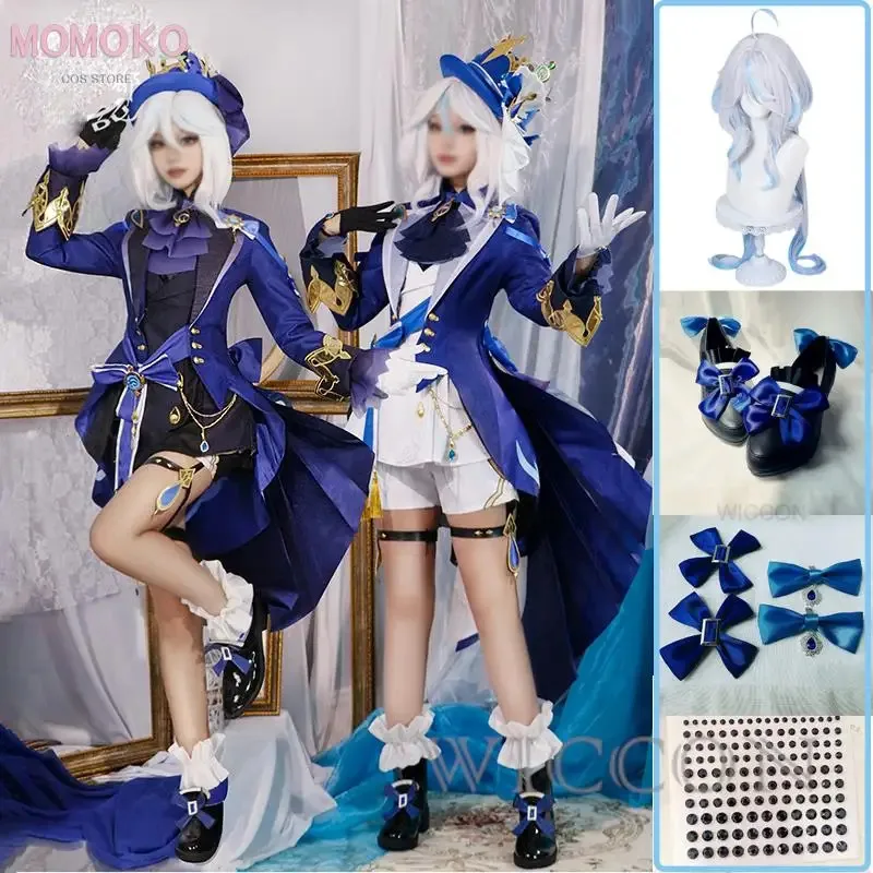 جديد 2025 زي فورينا الأسود قبعة شعر مستعار Genshin أنيمي Ousia Focalors لعبة ملابس تنكرية أحذية فستان نسائي للحفلات ❤ ❤ د