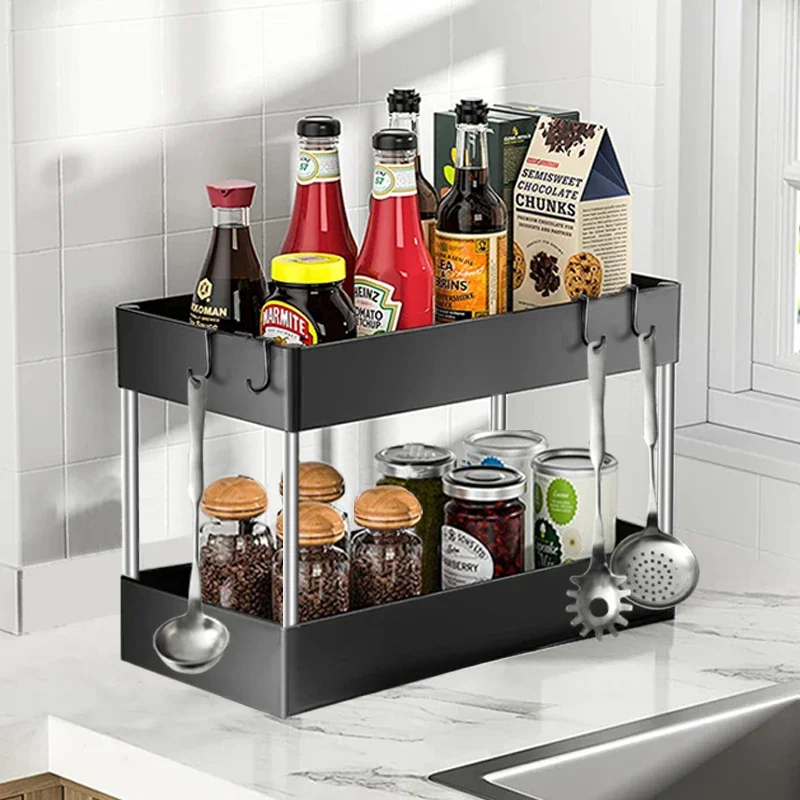 

2 Tier Spice Rack Organizer For Seasoning Under Sink Storage Rack Cabinet Storage Basket With Hooks Bathroom Kitchen Organizer