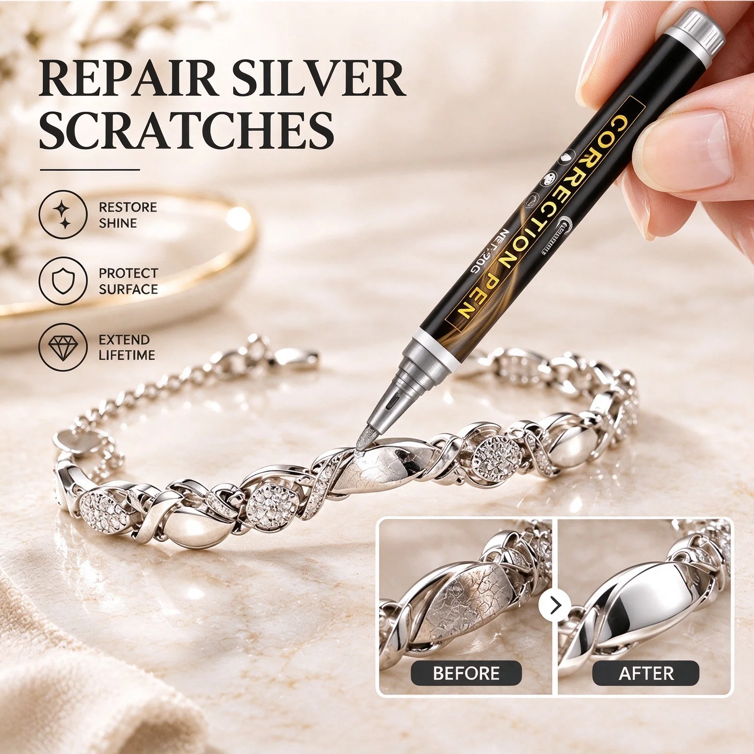 Silvery Jewelry Scratch Repair Pen - Silvery Jewelry Retouching And Care Pen, for Precise Repair of Fine Scratches, Minor Wear
