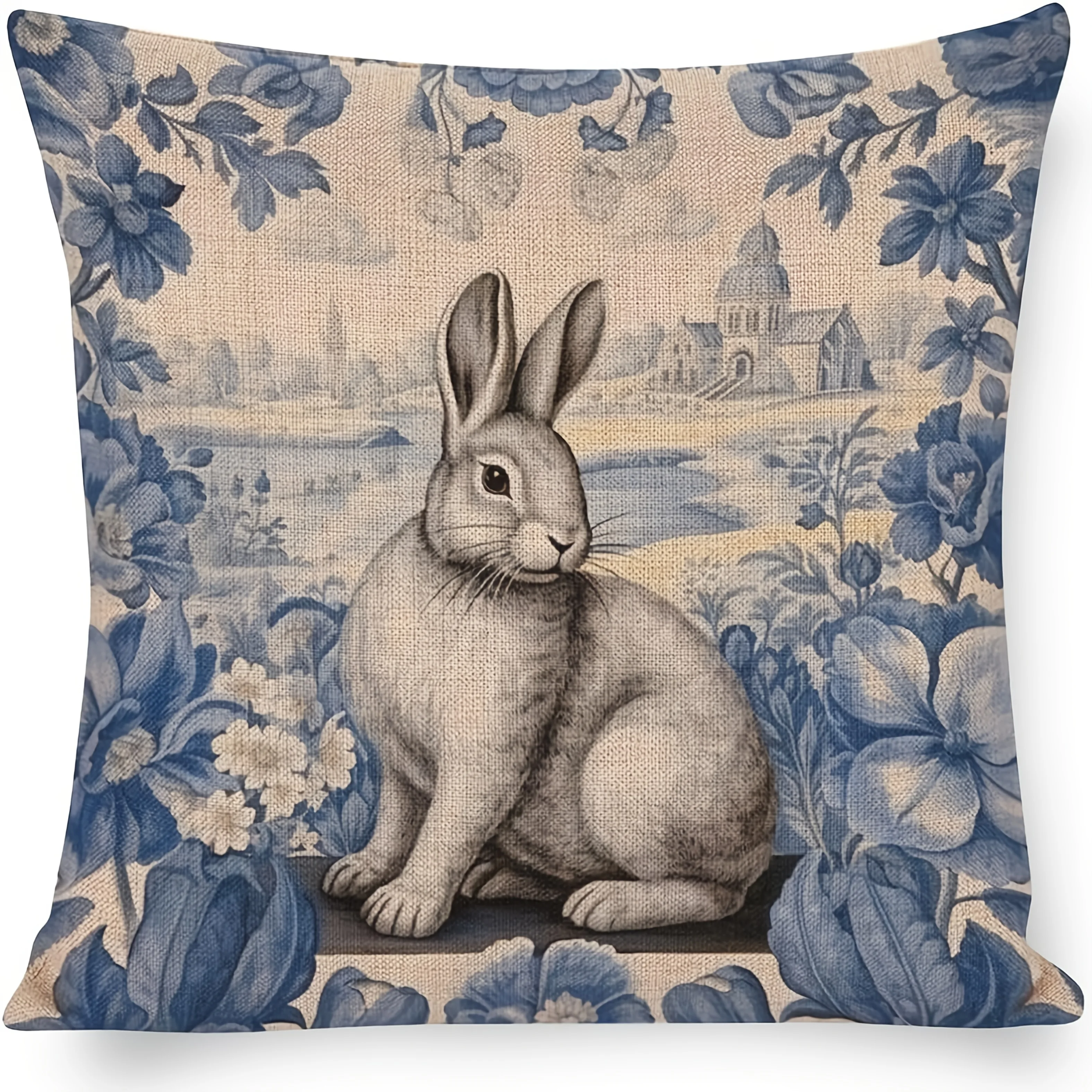 1Pc Vintage Rabbit Floral Cushion Cover Blue Beige Toile De Jouy Print Pillowcase For Sofa Bed Living Room Decorative Home Texti