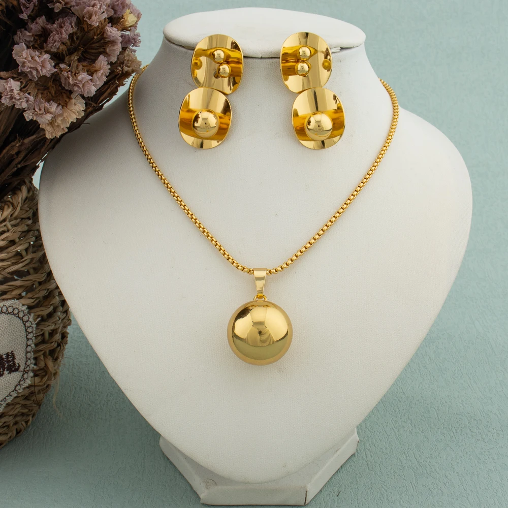 Einfache geometrische Metall-Halskette, Ohrringe, Set, kugelförmiger Anhänger für Damen, Edelstahl, vergoldet, lichtecht, trendiger Schmuck – Detail 7
