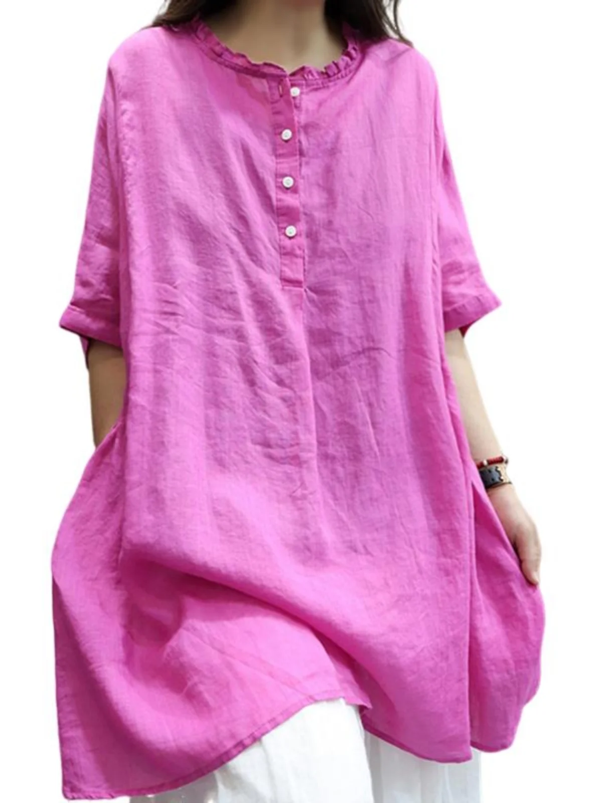 หลวม Fit ผ้าลินินผ้าฝ้าย irt ผู้หญิงความยาวกลาง ort-Sve เสื้อยืดประจบ plus ขนาดชุดลําลองรอบ Ne ความอบอุ่น
