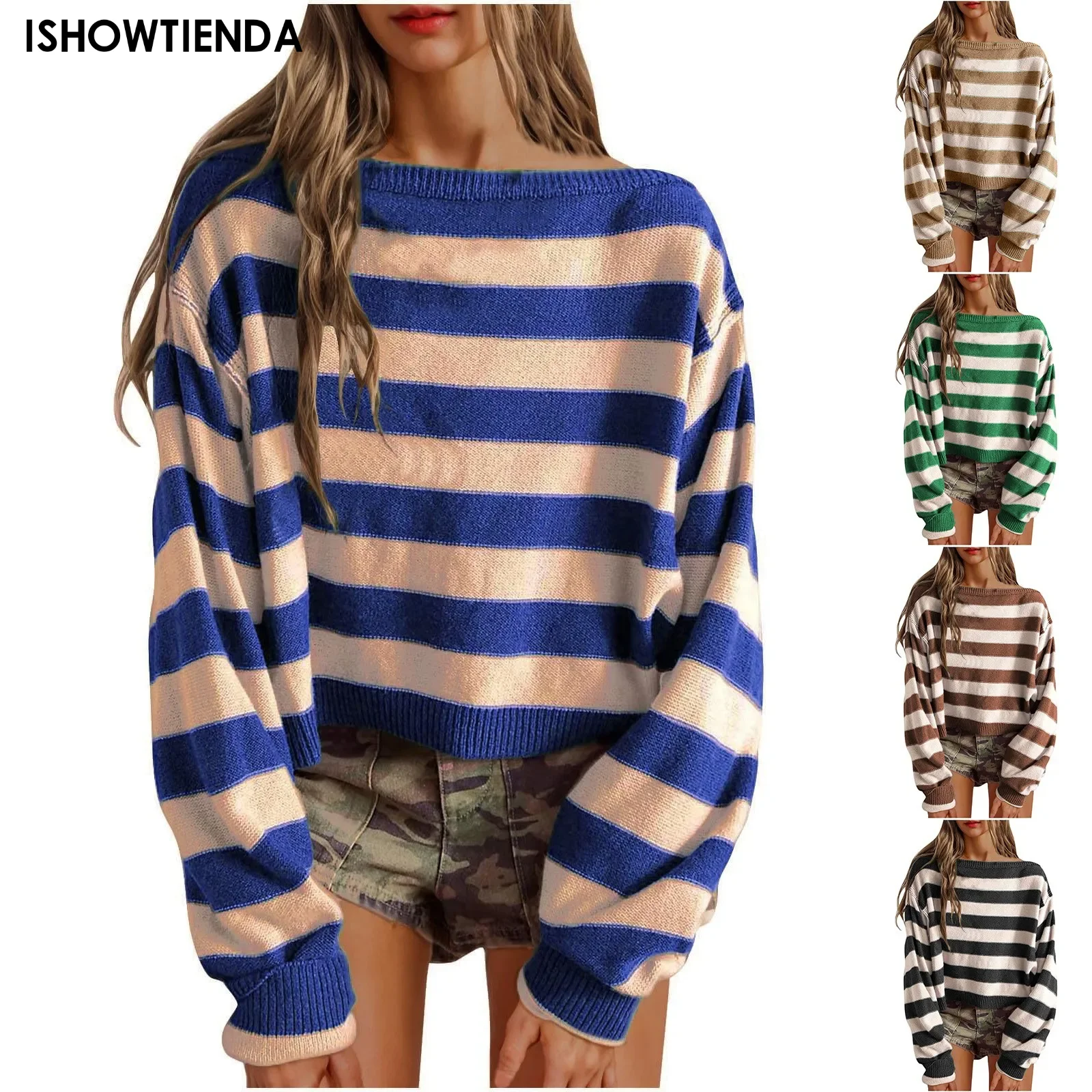 Women's Sweater Round O Neck Knit Tops For Woman Blue Mesh Pullovers Y2k Vintage Trend 2024 Korean Luxury Cold Winter Fashion